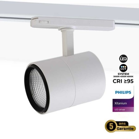 Spot LED sur rail triphasé CCT réglable sur 3 températures différentes de 3000-6000ºK 42W - CRI 95 - Driver Philips intégré