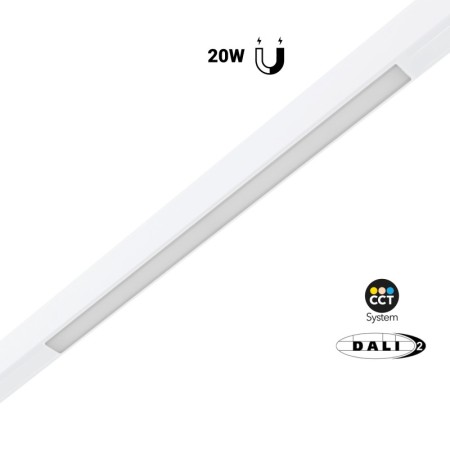 Spot LED linéaire opale sur rail magnétique 48V CCT réglable sur 3 températures différentes de 2700-6000ºK - 20W Gradation DALI