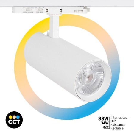 Projecteur LED pour rail triphasé - Puissance réglable : 30W/ 34W/ 38W - CCT réglable sur 3 températures de 3000-6000ºK - CRI 90
