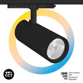 Projecteur LED pour rail triphasé - Puissance réglable : 30W/ 34W/ 38W - CCT réglable sur 3 températures de 3000-6000ºK - CRI 90