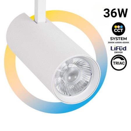 Projecteur LED sur rail monophasé - 36W - CCT réglable sur 3 températures différentes de 3000-6500ºK - dimmable TRIAC - CRI90