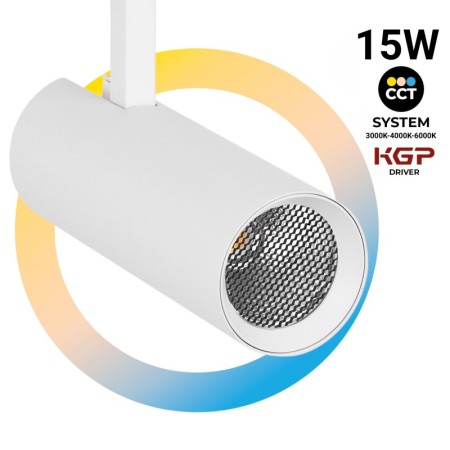 Spot LED sur rail monophasé - CCT réglable sur 3 températures différentes de 3000-6000ºK - 15W - CRI 90 - Driver KGP