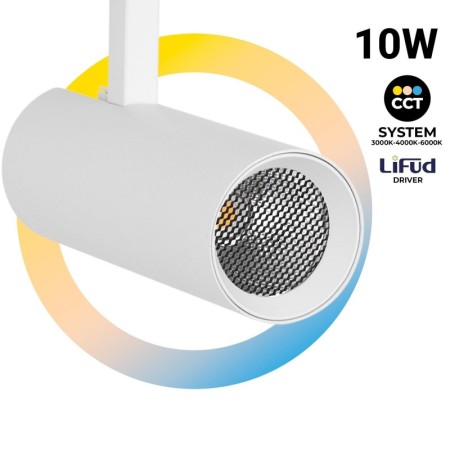 Projecteur LED sur rail triphasé - 10W - CCT réglable sur 3 températures différentes de 3000-6000ºK - CRI90 - 860 lm