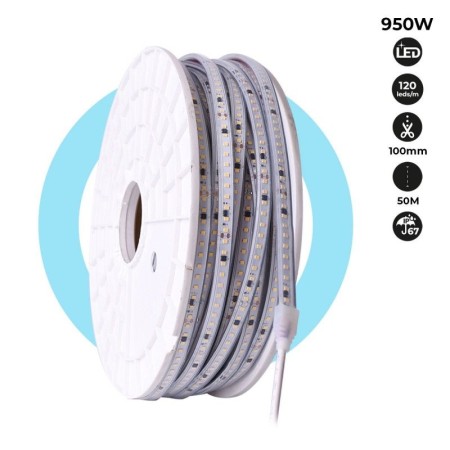 Ruban LED 220V - 950W (6000xSMD2835) 12mm - Extérieur : IP67 - Rouleau de 50 mètres - Sécable tous les 10cm