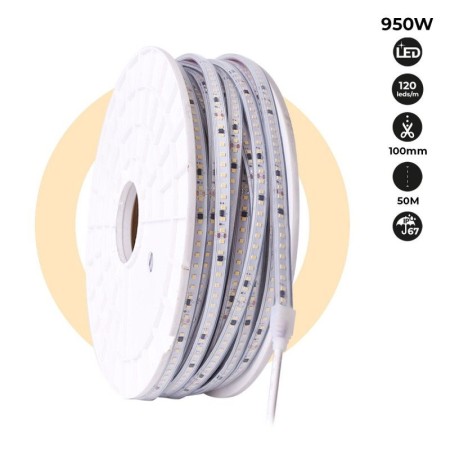 Ruban LED 220V - 950W (6000xSMD2835) 12mm - Extérieur : IP67 - Rouleau de 50 mètres - Sécable tous les 10cm
