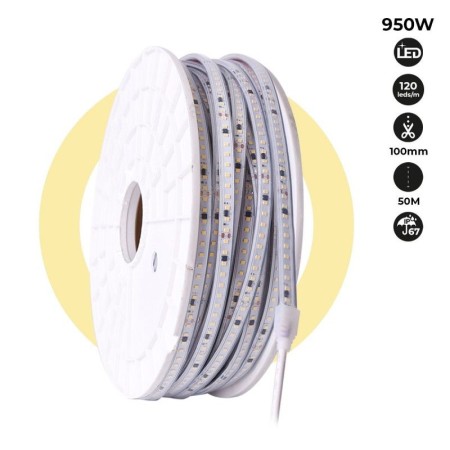 Ruban LED 220V - 950W (6000xSMD2835) 12mm - Extérieur : IP67 - Rouleau de 50 mètres - Sécable tous les 10cm