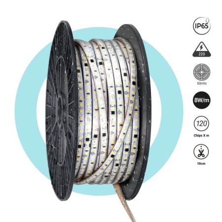 Ruban LED 220V AC - Monocouleur - 8W/m - 10mm - IP65 - 50 mètres - 120ch/m
