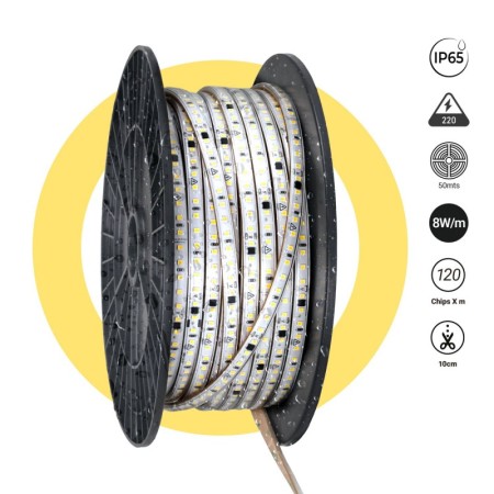 Ruban LED 220V AC - Monocouleur - 8W/m - 10mm - IP65 - 50 mètres - 120ch/m
