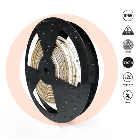 Bande LED 220V AC - Monocouleur - 8W/m - 10mm - IP65 - 10 mètres - 120ch/m