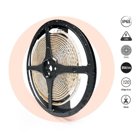Bande LED 220V AC - Monocouleur - 8W/m - 10mm - IP65 - 5 mètres - 120ch/m
