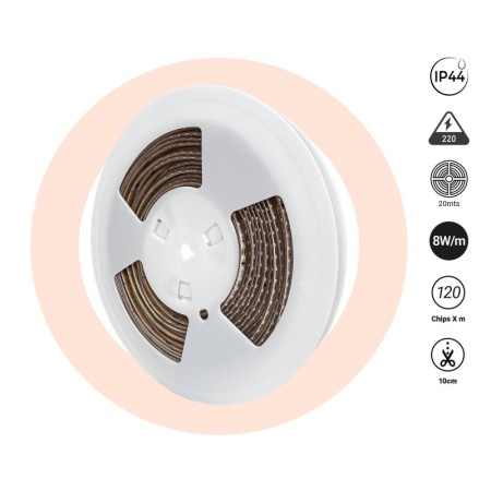 Bande LED 220V AC - Monocouleur - 8W/m - 6.5mm - IP44 - 20 mètres - 120ch/m