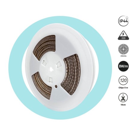 Bande LED 220V AC - Monocouleur - 8W/m - 6.5mm - IP44 - 20 mètres - 120ch/m