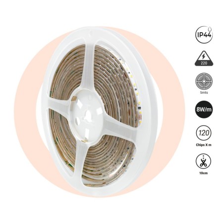 Bande LED 220V AC - Monocouleur - 8W/m - 6.5mm - IP44 - 5 mètres - 120ch/m