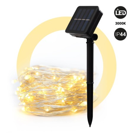 Guirlande solaire en fil argenté - IP44 - 100 lumières LED - Blanc chaud - 10 mètres