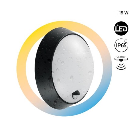 Plafonnier LED extérieur rond avec capteur PIR - 15W - CCT - IP65