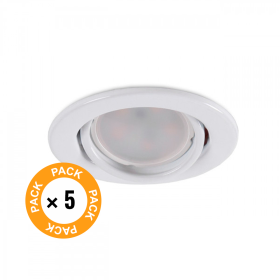Pack de 5 ampoules LED GU10 6W 700Lm 6000ºK 40.000H - Anneau de downlight rond inclinable « Vepa » acier 90mm - Blanc Pack de 5 ampoules LED GU10 6W 700Lm 6000ºK 40.000H - Anneau de downlight rond inclinable « Vepa » acier 90mm - Blanc