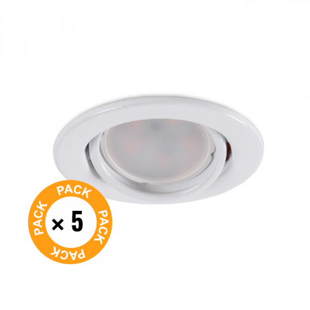 Pack de 5 ampoules LED GU10 6W 700Lm 6000ºK 40.000H - Anneau de downlight rond inclinable « Vepa » acier 90mm - Blanc
