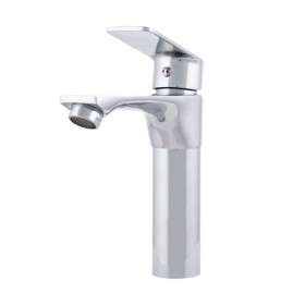 Robinet de lavabo en laiton / zinc, plaqué chrome, eau chaude-froide, tuyaux, bec bas, poignée unique