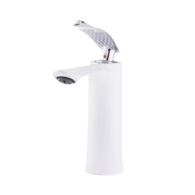 Robinet de lavabo en laiton / zinc, blanc, eau chaude-froide, tuyaux, bec bas, poignée unique