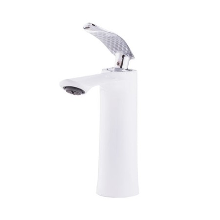 Robinet de lavabo en laiton / zinc, blanc, eau chaude-froide, tuyaux, bec bas, poignée unique