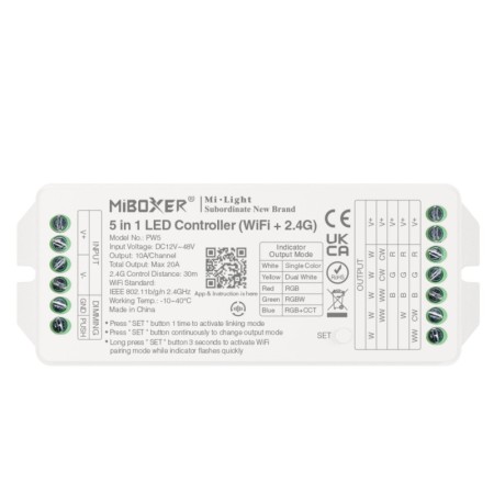 Contrôleur ruban LED 5 en 1 - Monocolore/Dual White/RGB/RGBW/RGBCCT - 12/48VDC - 20A - 2.4G - WiFi - Milight