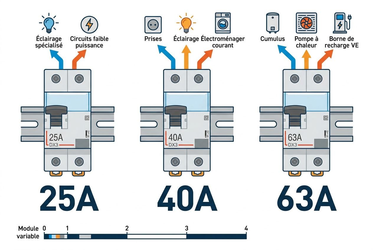 Disjoncteur différentiel Legrand 40A 30mA: schéma montrant un boîtier DX³ avec 40A, indication “Prises, Éclairage, Électroménager courant” et bornes.
